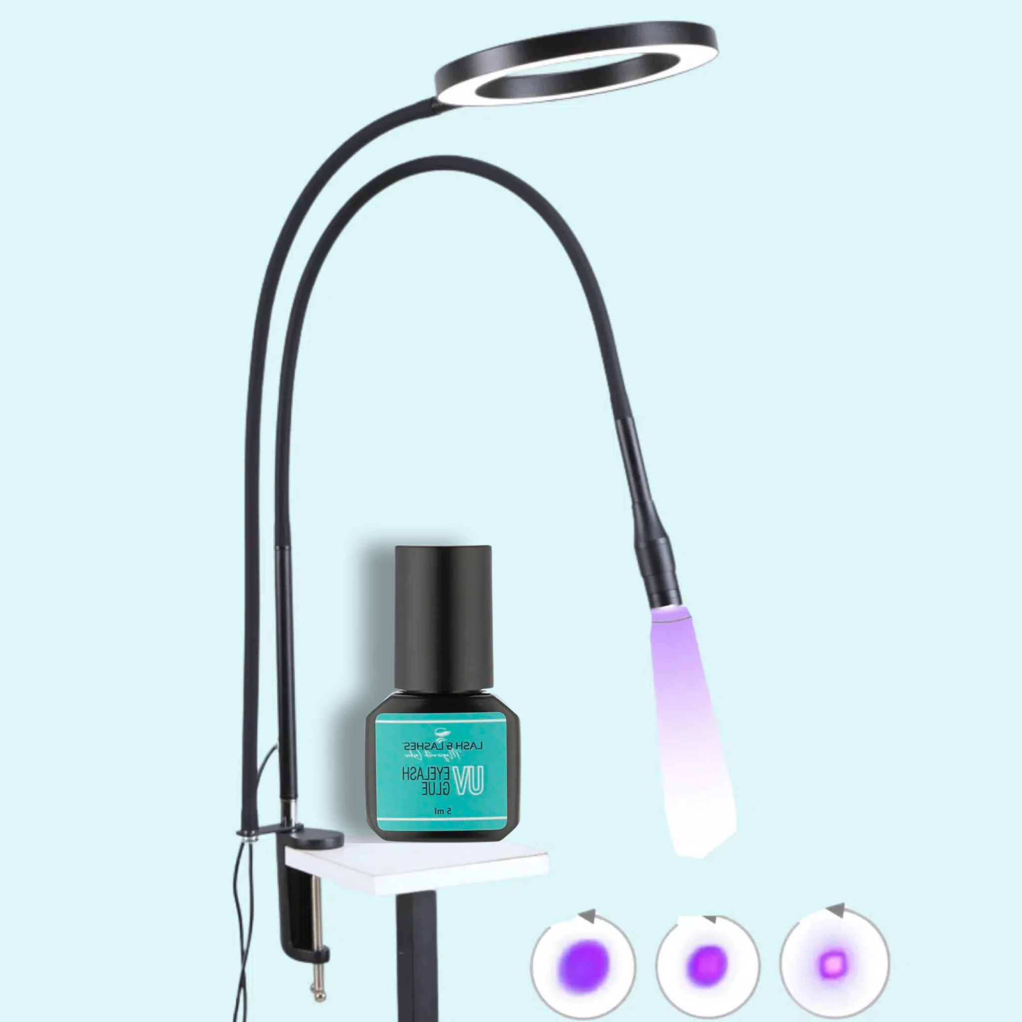 Asztalra Rögzíthető Duo UV / LED Lámpa Állítható Fényerővel és Fókusszal + UV / LED Clear Szempillaragasztó 3ml.