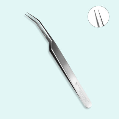 Long-tipped, slightly curved insulation tweezers with several notches on the tips.