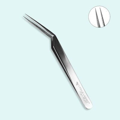 Long-tipped, Curved, Insulation tweezers with multiple notches on the tips.